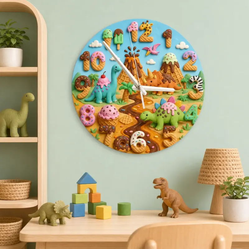Dinosaur Volcano Kids Room Wall Clock | Candyland Nursery Decor, Little Boy Birthday Gift Keepsake (13.6 inch / 34.5 cm)