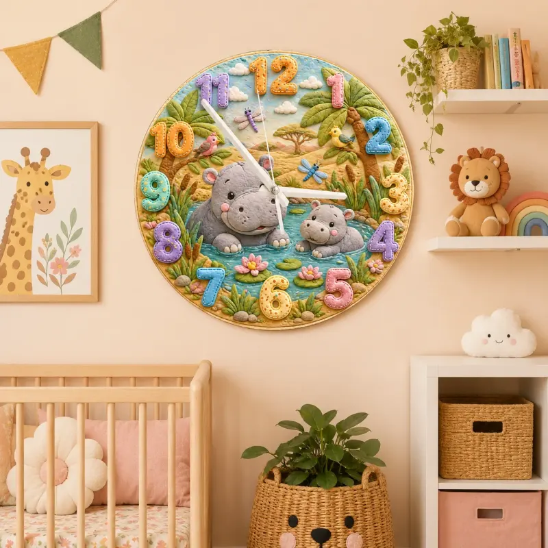 Safari Hippo Family Kids Room Wall Clock | Cute Jungle Animal Nursery Decor, Beautiful Baby Shower Gifts & Keepsakes (13.6 inch / 34.5 cm)