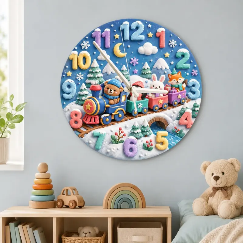 Winter Animal Train Kids Room Wall Clock | Snowy Woodland Nursery Decor, Beautiful Baby Shower Gift For Boy Or Girl (13.6 inch / 34.5 cm)
