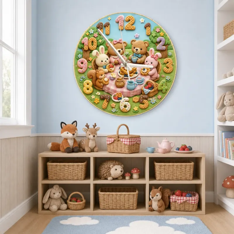Woodland Tea Party Kids Room Wall Clock | Bunny Bear Nursery Decor, Sweet Baby Shower Birthday Gift (13.6 inch / 34.5 cm)
