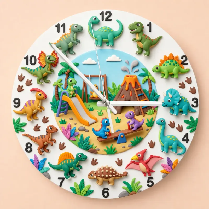 Dinosaur Playground Kids Room Wall Clock | Cute T-Rex Nursery Decor, Playroom Wall Art, Little Boy Birthday Gift Idea (13.6 inch / 34.5 cm)