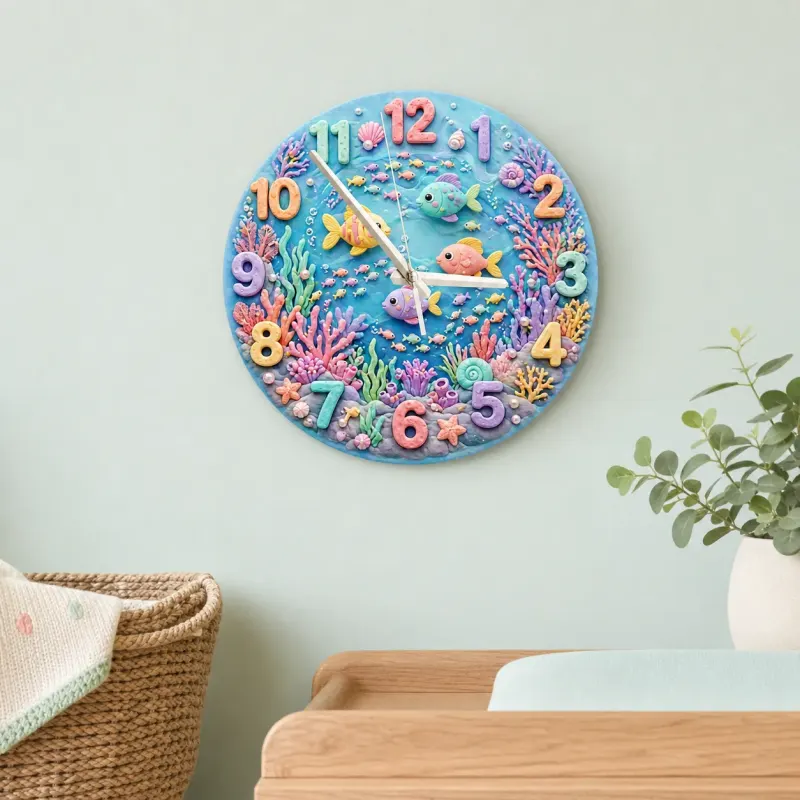 Pastel Ocean Coral Reef Kids Room Wall Clock | Under The Sea Nursery Decor, Cute Baby Girl Birthday Gift Keepsake (13.6 inch / 34.5 cm)