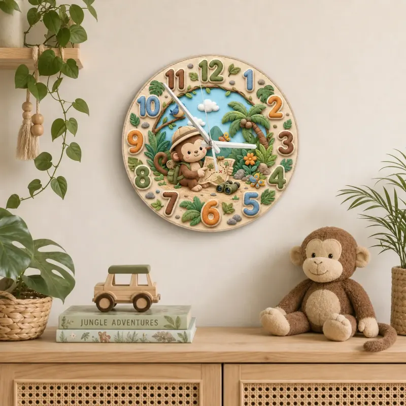 Safari Monkey Explorer Kids Room Wall Clock | Jungle Adventure Nursery Decor, Baby Shower Gift, Little Boy Keepsake (13.6 inch / 34.5 cm)