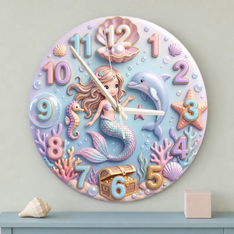 Pastel Mermaid And Dolphin Kids Room Wall Clock | Magical Ocean Nursery Decor Art, Little Girl Bedroom Birthday Gift (13.6 inch / 34.5 cm)