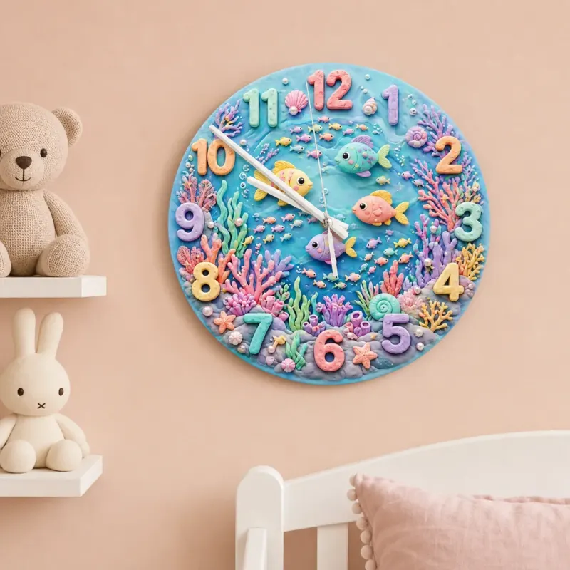 Pastel Ocean Coral Reef Kids Room Wall Clock | Under The Sea Nursery Decor, Cute Baby Girl Birthday Gift Keepsake (13.6 inch / 34.5 cm)