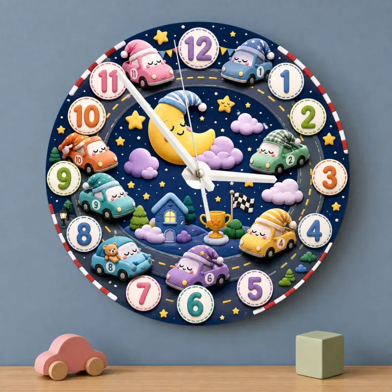 Sleepy Cars Night Sky Kids Room Wall Clock