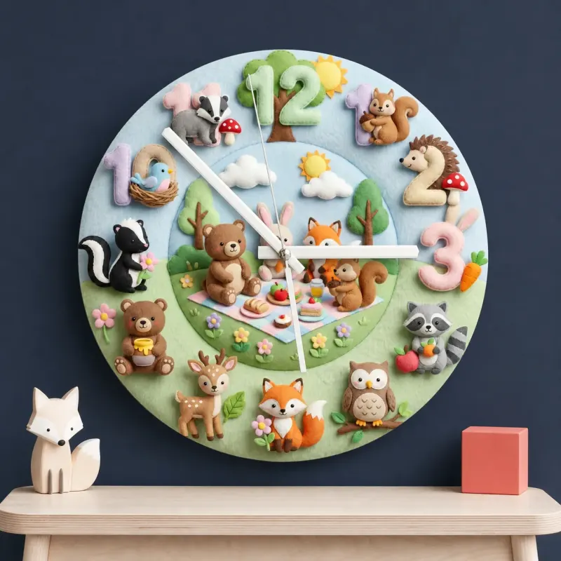 Woodland Animal Picnic Kids Room Wall Clock | Faux Felt Forest Nursery Decor, Baby Shower Gift For Baby Boys & Girls (13.6 inch / 34.5 cm)