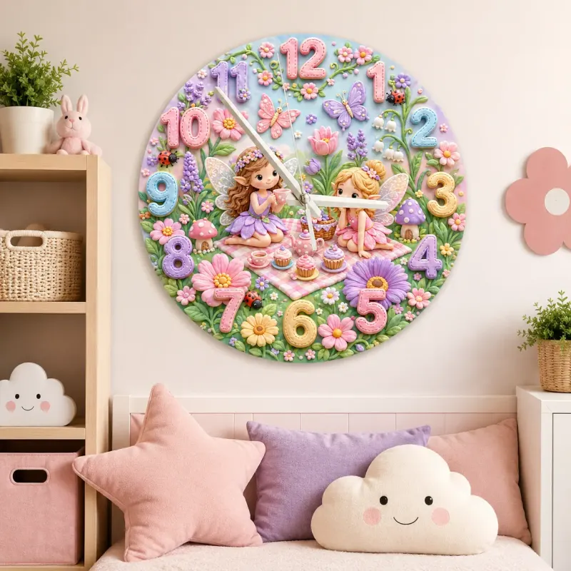 Magical Fairy Tea Party Kids Room Wall Clock | Enchanted Garden Nursery Decor, Pastel Girls Bedroom Birthday Present (13.6 inch / 34.5 cm)