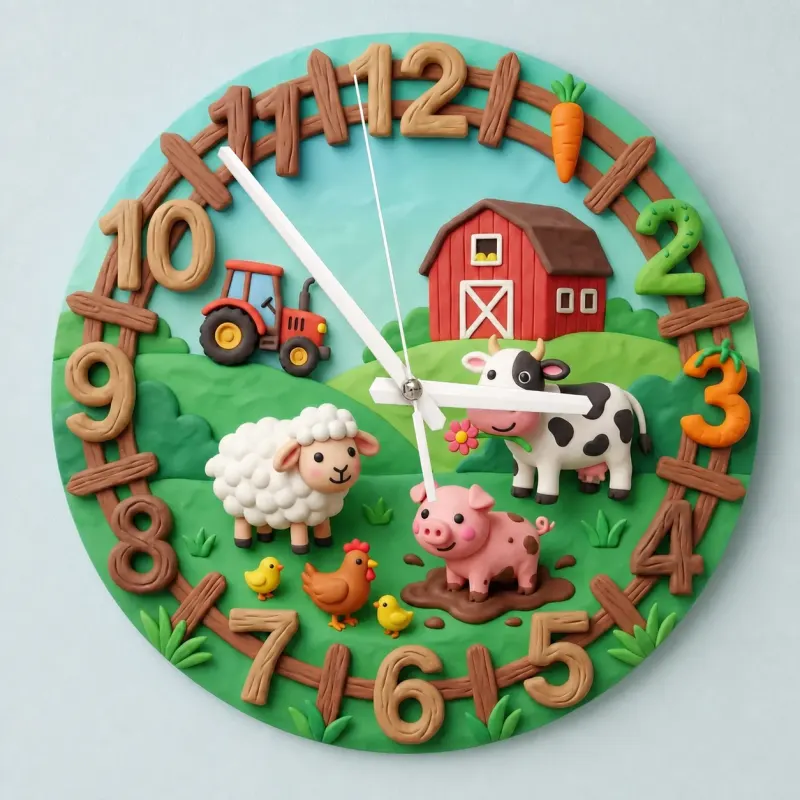 Farm Animals Barnyard Kids Room Wall Clock | Red Tractor Cow Pig Nursery Decor, Baby Boy Girl Birthday Keepsake Gift (13.6 inch / 34.5 cm)