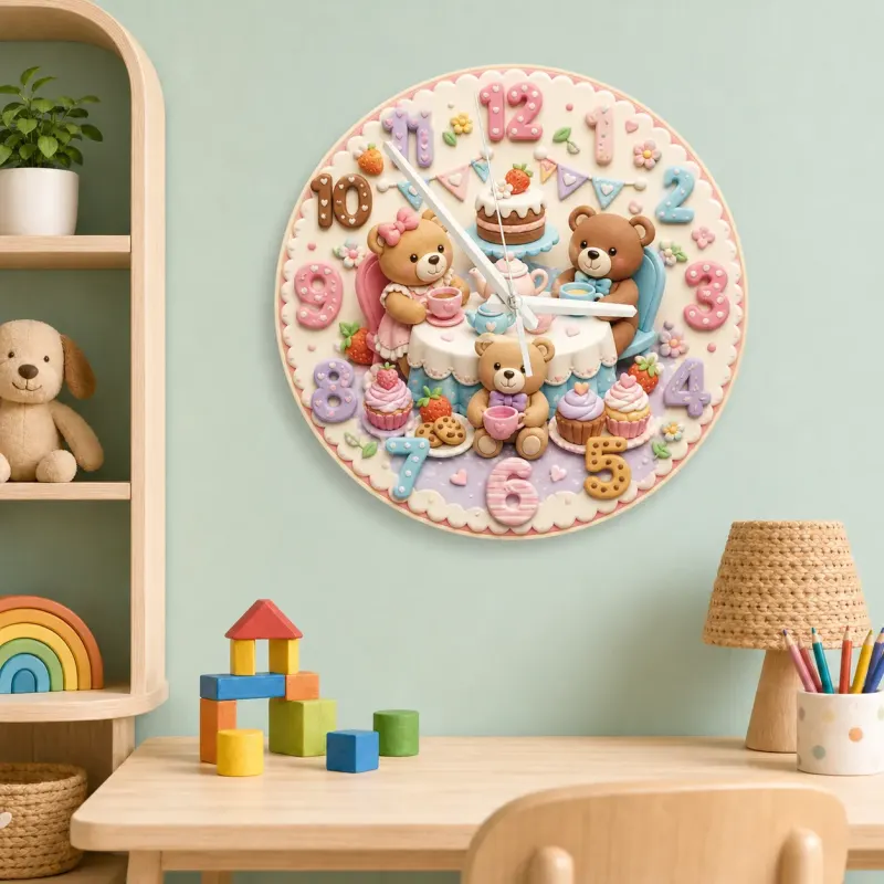Teddy Bear Tea Party Kids Room Wall Clock | Pastel Nursery Decor, Sweet Baby Shower Birthday Gift (13.6 inch / 34.5 cm)