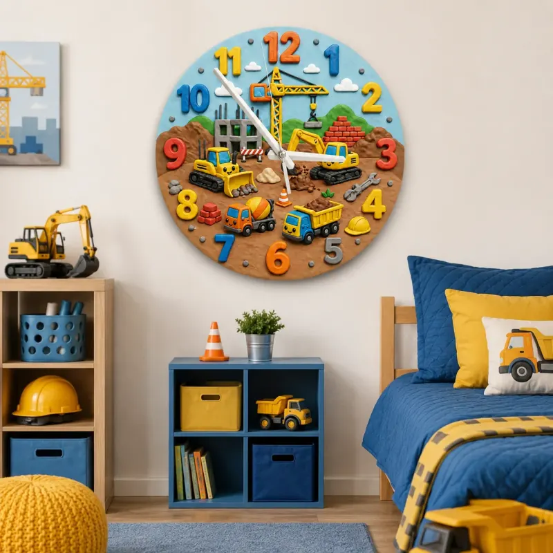 Construction Vehicles Kids Room Wall Clock | Little Boys Bedroom Decor, Playroom Nursery Art & Baby Shower Gift Idea (13.6 inch / 34.5 cm)