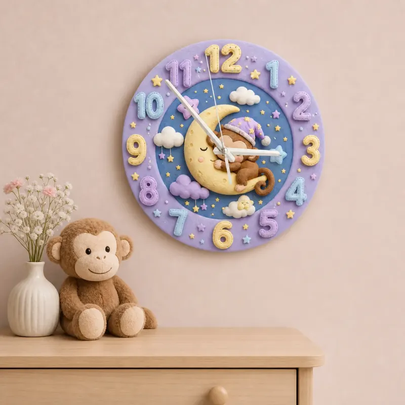 Sleeping Monkey on Moon Kids Room Wall Clock | Pastel Night Sky Nursery Decor, Cute Baby Shower Gift for Newborns (13.6 inch / 34.5 cm)
