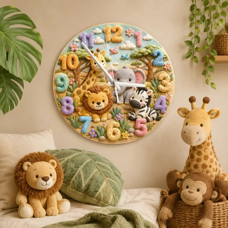 Safari Jungle Animals Kids Room Wall Clock | Cute Lion Elephant Nursery Decor, Playroom Baby Shower Boy Girl Gift (13.6 inch / 34.5 cm)