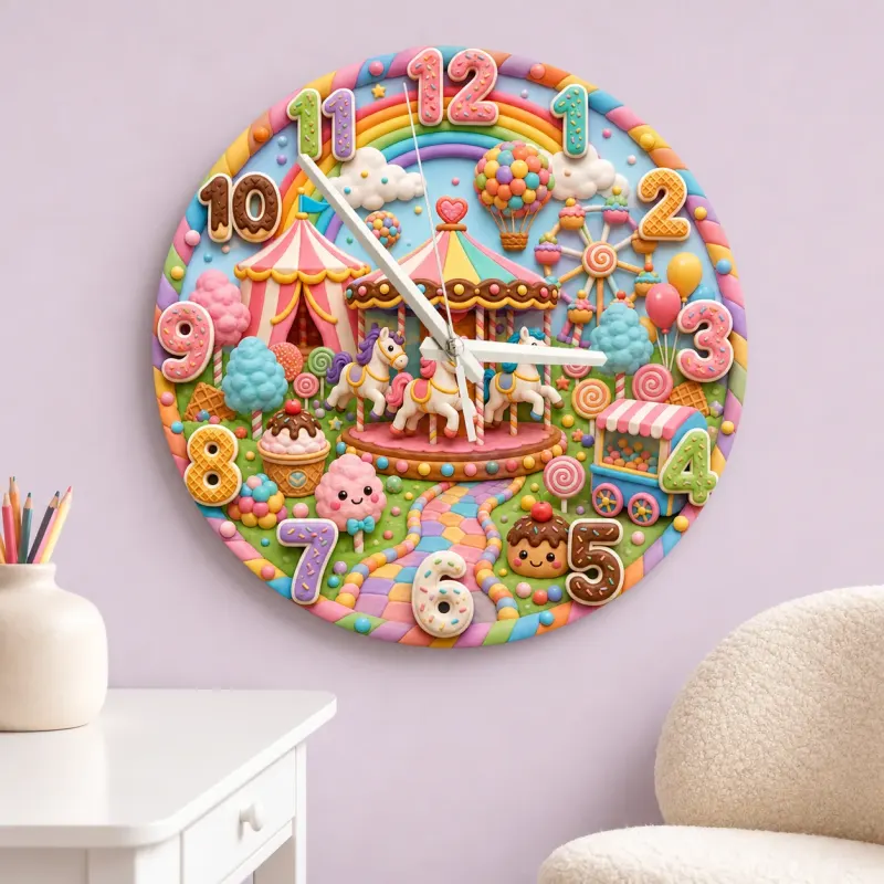 Candy Carnival Carousel Kids Room Wall Clock | Rainbow Nursery Decor, Sweet Little Girl Birthday Gift (13.6 inch / 34.5 cm)