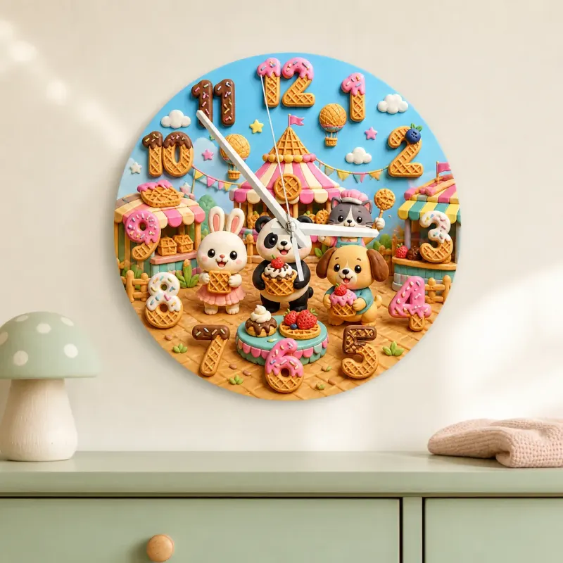 Puppy Bunny Ice Cream Kids Room Wall Clock | Pet Nursery Decor, Sweet Birthday Gift For Girls Boys (13.6 inch / 34.5 cm)