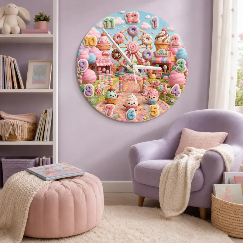 Pastel Candyland Theme Kids Room Wall Clock | Kawaii Sweet Treats Nursery Wall Decor, Cute Little Girl Bedroom Gift (13.6 inch / 34.5 cm)
