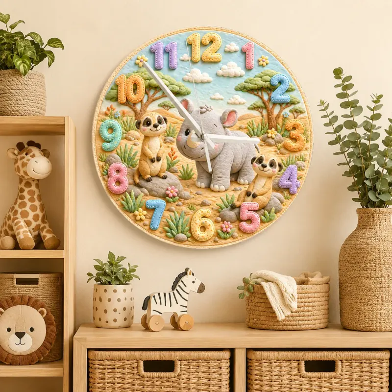 Cute Safari Rhino & Meerkat Kids Room Wall Clock | Wild Animal Nursery Decor, Baby Shower Birthday Keepsake Present (13.6 inch / 34.5 cm)