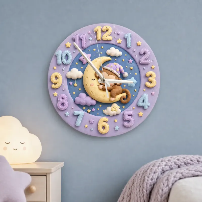 Sleeping Monkey on Moon Kids Room Wall Clock | Pastel Night Sky Nursery Decor, Cute Baby Shower Gift for Newborns (13.6 inch / 34.5 cm)