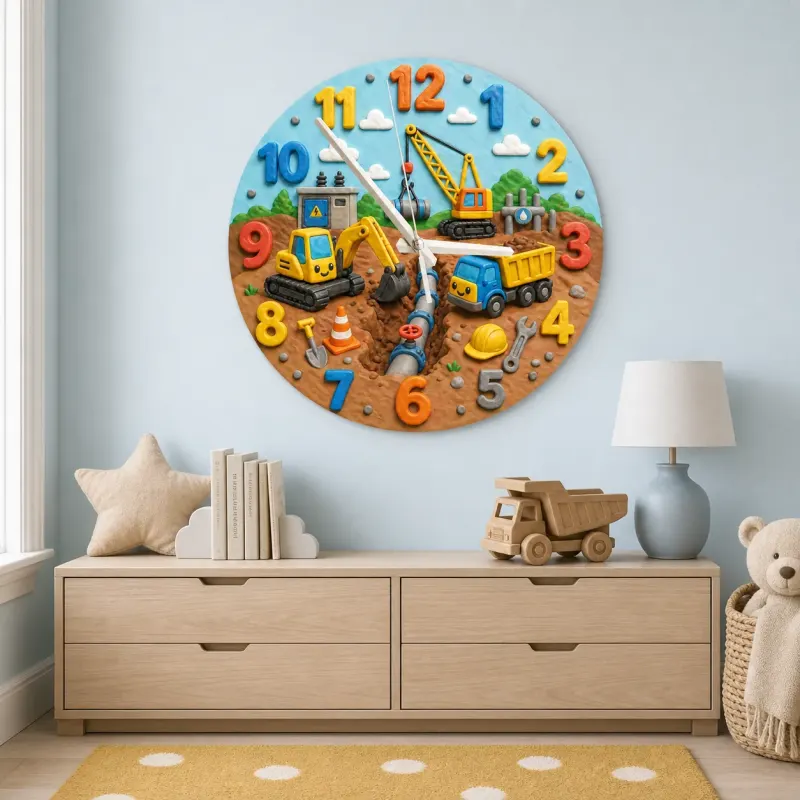 Construction Trucks Kids Room Wall Clock | Cute Excavator Boy Nursery Decor, Toddler Boy Playroom Birthday Keepsake (13.6 inch / 34.5 cm)