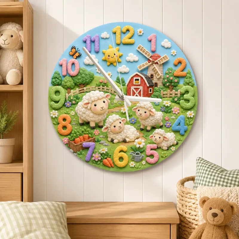 Farm Animal Sheep Kids Room Wall Clock | Whimsical Barnyard Nursery Decor, Baby Shower Gift For Boy Or Girl Room Art (13.6 inch / 34.5 cm)