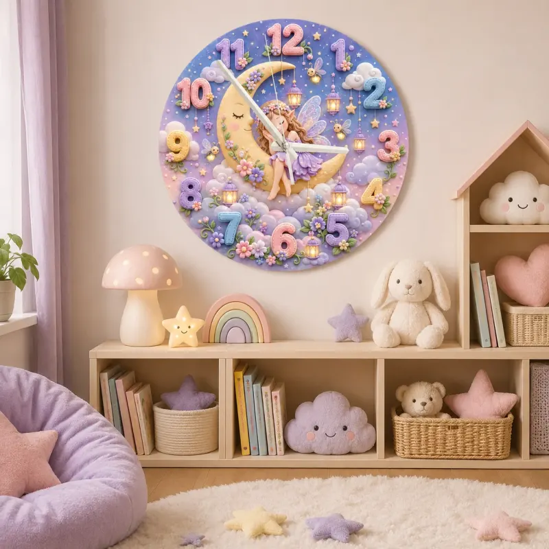 Sleeping Fairy Moon Kids Room Wall Clock | Magical Pastel Cloud Nursery Decor, Baby Girl Room Birthday Keepsake Gift (13.6 inch / 34.5 cm)