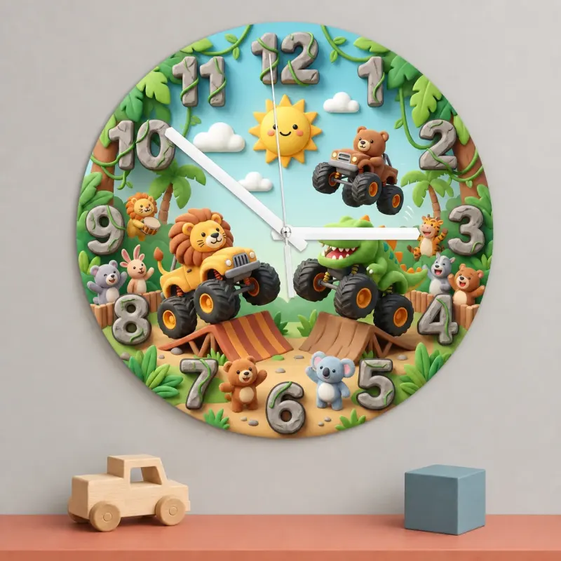 Safari Animal Monster Truck Kids Room Wall Clock | Dinosaur Boy Nursery Decor, Fun Toddler Playroom Birthday Gift Idea (13.6 inch / 34.5 cm)