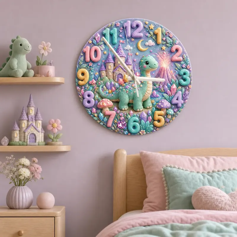 Magical Pastel Dinosaur Kids Room Wall Clock