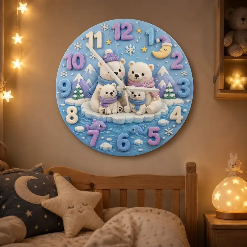 Polar Bear Family Kids Room Wall Clock | Arctic Winter Wonderland Nursery Decor, Cute Baby Shower Gift For Newborn (13.6 inch / 34.5 cm)