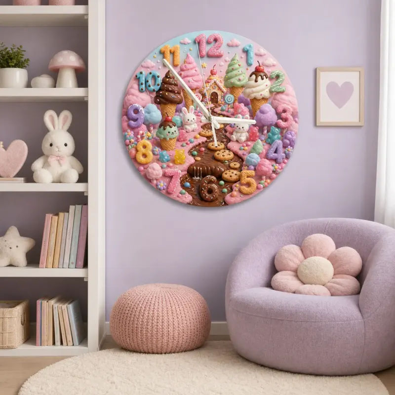 Magical Candyland Ice Cream Kids Room Wall Clock | Sweet Treats Nursery Decor, Whimsical Girl Bedroom Decor Keepsake (13.6 inch / 34.5 cm)