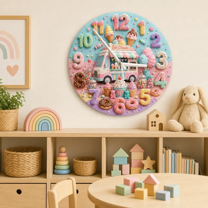 Pastel Ice Cream Truck Kids Room Wall Clock | Sweet Candyland Nursery Wall Decor, Cute Baby Girl Bedroom Birthday Gift (13.6 inch / 34.5 cm)