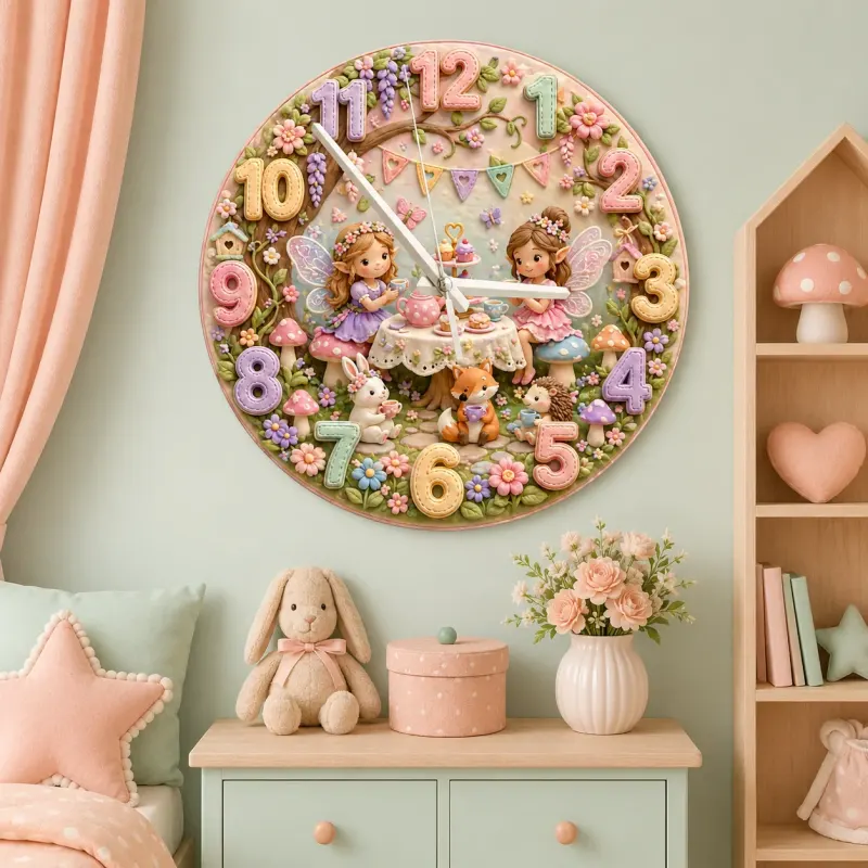 Fairy Tea Party Kids Room Wall Clock | Magical Woodland Nursery Decor, Whimsical Little Girl Bedroom Birthday Gift (13.6 inch / 34.5 cm)