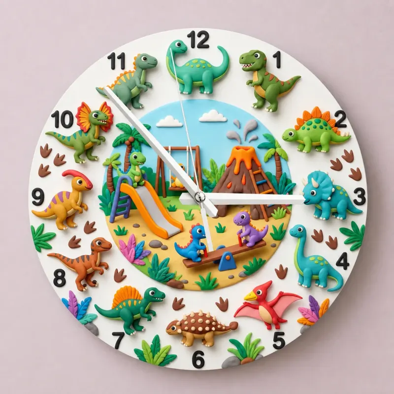 Dinosaur Playground Kids Room Wall Clock | Cute T-Rex Nursery Decor, Playroom Wall Art, Little Boy Birthday Gift Idea (13.6 inch / 34.5 cm)