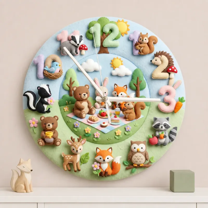 Woodland Animal Picnic Kids Room Wall Clock | Faux Felt Forest Nursery Decor, Baby Shower Gift For Baby Boys & Girls (13.6 inch / 34.5 cm)