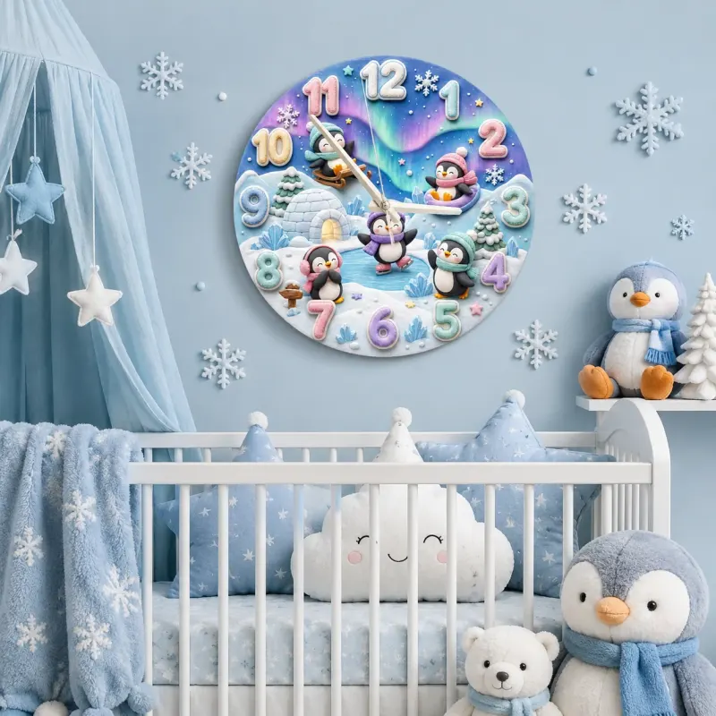 Whimsical Winter Wonderland Penguin Kids Room Wall Clock | Aurora Sky Nursery Decor, Beautiful Baby Shower Keepsake (13.6 inch / 34.5 cm)