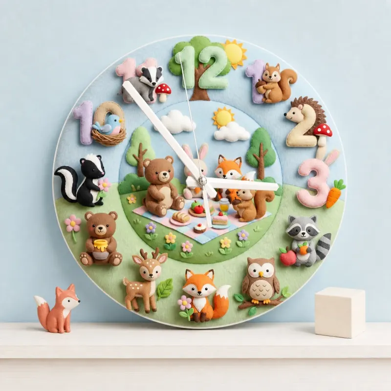 Woodland Animal Picnic Kids Room Wall Clock | Faux Felt Forest Nursery Decor, Baby Shower Gift For Baby Boys & Girls (13.6 inch / 34.5 cm)