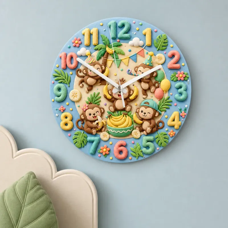 Playful Jungle Monkey Kids Room Wall Clock | Safari Nursery Decor, Cute Tropical Baby Shower Gift For Boys & Girls (13.6 inch / 34.5 cm)