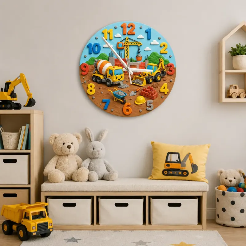 Construction Trucks Kids Room Wall Clock | Digger And Excavator Nursery Decor, Toddler Boy Playroom Birthday Present (13.6 inch / 34.5 cm)