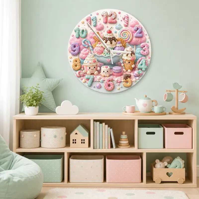 Pastel Candyland Kids Room Wall Clock | Sweet Treats Nursery Decor, Kawaii Ice Cream Girls Playroom Wall Decor Gift (13.6 inch / 34.5 cm)