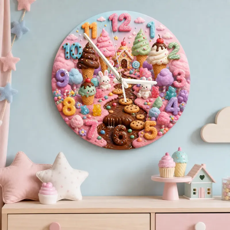 Magical Candyland Ice Cream Kids Room Wall Clock | Sweet Treats Nursery Decor, Whimsical Girl Bedroom Decor Keepsake (13.6 inch / 34.5 cm)