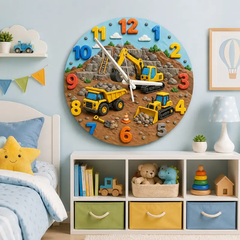 Construction Trucks Kids Room Wall Clock | Yellow Excavator Nursery Decor, Little Boy Bedroom Playroom Gift Keepsake (13.6 inch / 34.5 cm)