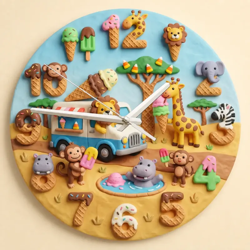 Safari Ice Cream Truck Kids Room Wall Clock | Sweet Jungle Animal Nursery Decor, Toddler Playroom Birthday Gift Art (13.6 inch / 34.5 cm)