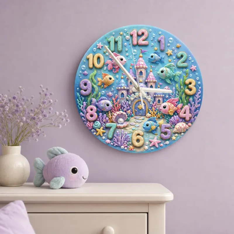 Magical Underwater Castle Kids Room Wall Clock | Pastel Ocean Fish Nursery Decor, Little Girl Bedroom Birthday Gift (13.6 inch / 34.5 cm)