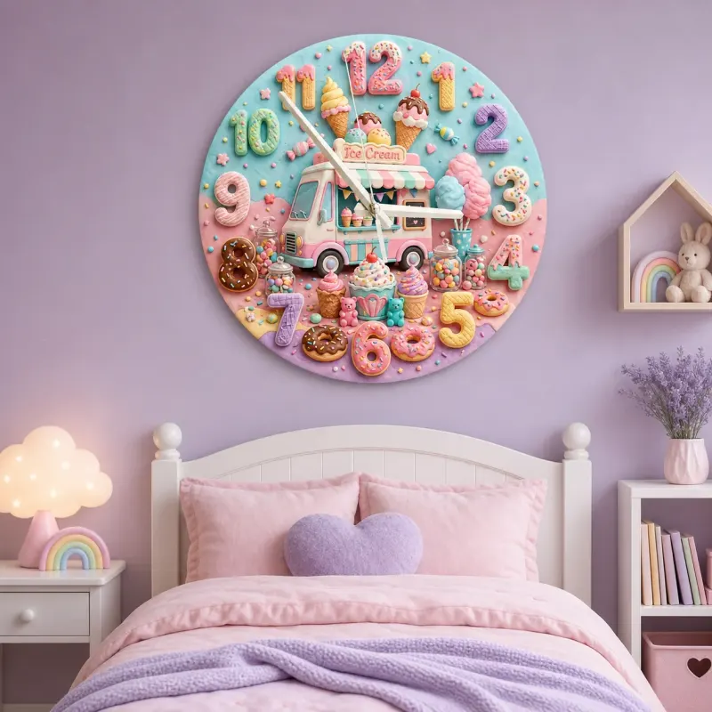Pastel Ice Cream Truck Kids Room Wall Clock | Sweet Candyland Nursery Wall Decor, Cute Baby Girl Bedroom Birthday Gift (13.6 inch / 34.5 cm)