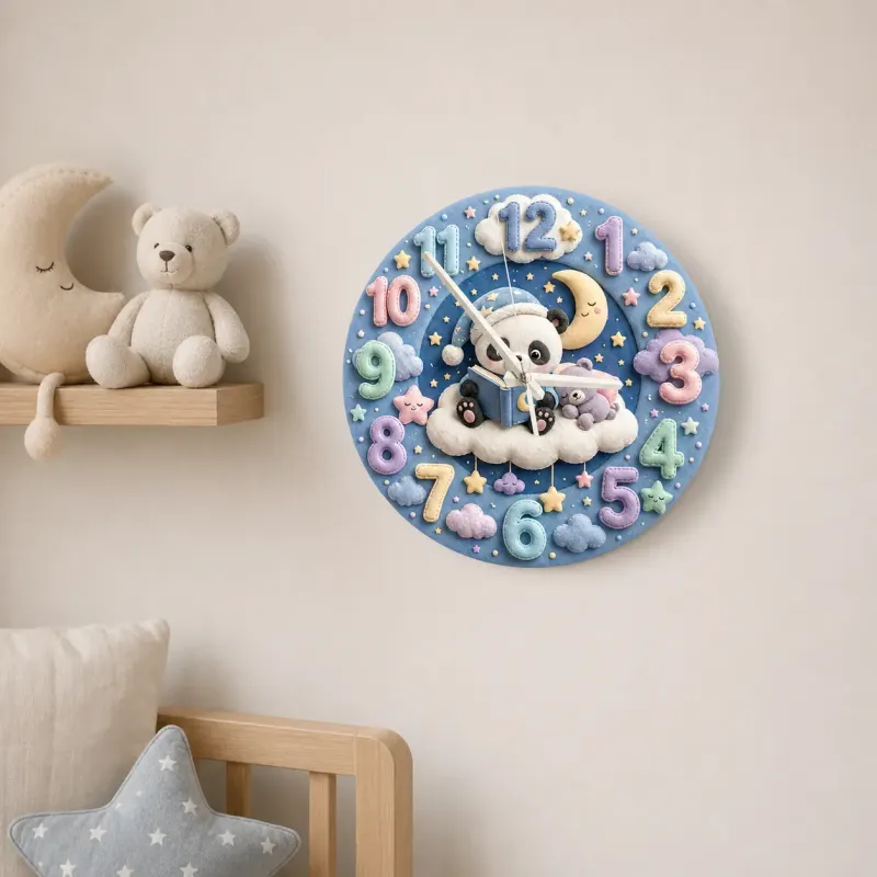 Bedtime Reading Panda Kids Room Wall Clock | Pastel Night Sky Nursery Decor, Cute Baby Shower Gift For New Parents (13.6 inch / 34.5 cm)