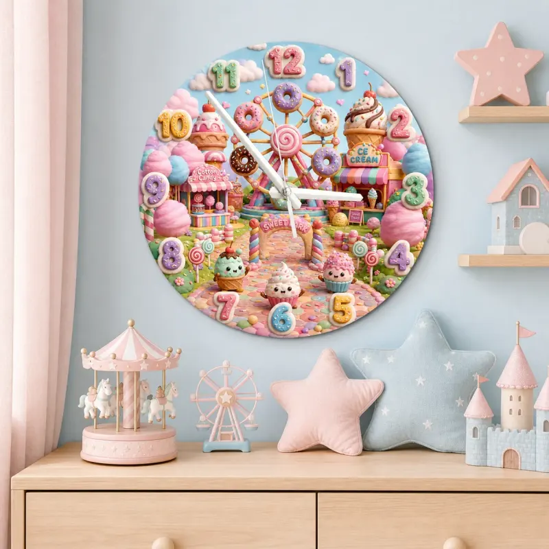 Pastel Candyland Theme Kids Room Wall Clock | Kawaii Sweet Treats Nursery Wall Decor, Cute Little Girl Bedroom Gift (13.6 inch / 34.5 cm)