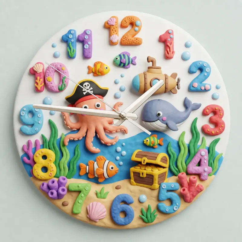 Pirate Octopus Under The Sea Kids Room Wall Clock | Ocean Theme Nursery Decor, Baby Boy Bedroom Birthday Keepsake (13.6 inch / 34.5 cm)