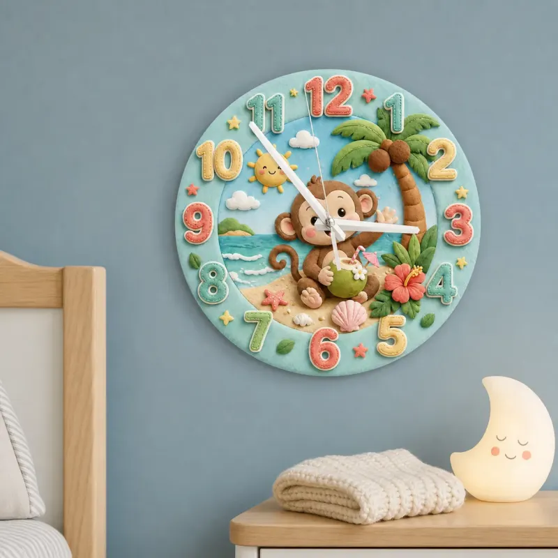 Tropical Beach Monkey Kids Room Wall Clock | Cute Ocean Animal Nursery Decor, Baby Boy Girl Playroom Birthday Gift (13.6 inch / 34.5 cm)