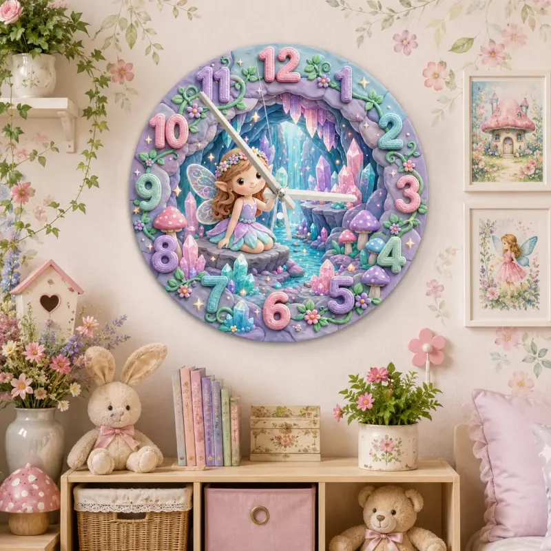 Magical Fairy and Crystal Cave Kids Room Wall Clock | Enchanted Pastel Nursery Decor, Whimsical Girls Room Gift Art (13.6 inch / 34.5 cm)
