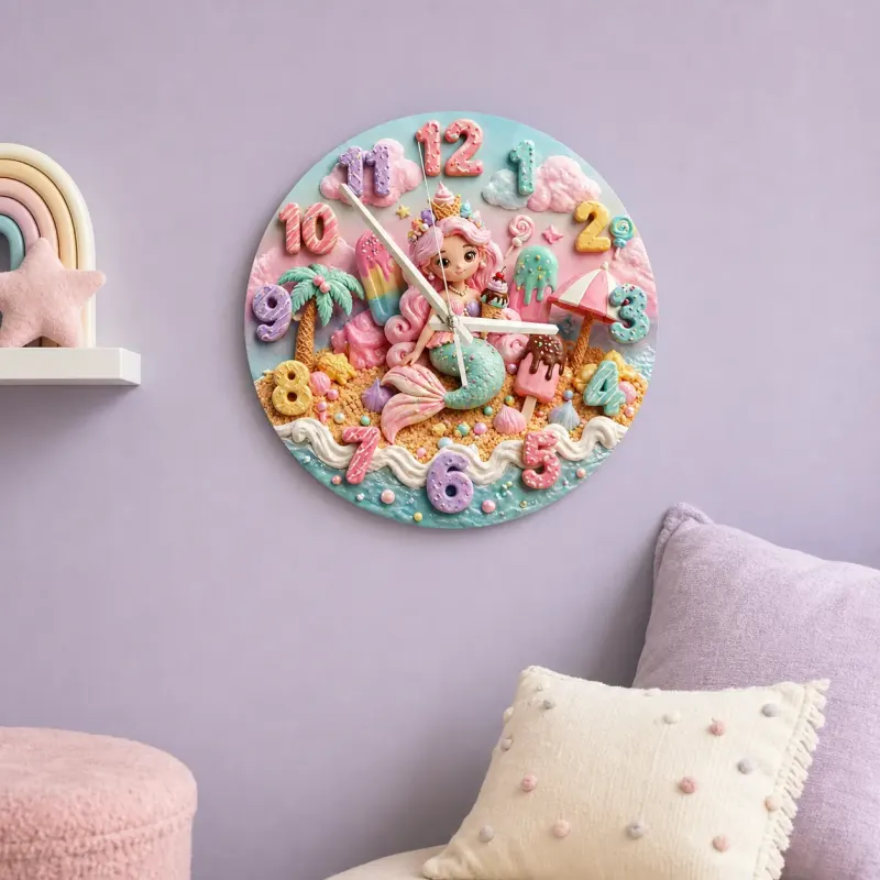 Pastel Mermaid & Sweet Treats Kids Room Wall Clock | Kawaii Candy Beach Nursery Decor, Cute Little Girls Bedroom Gift (13.6 inch / 34.5 cm)