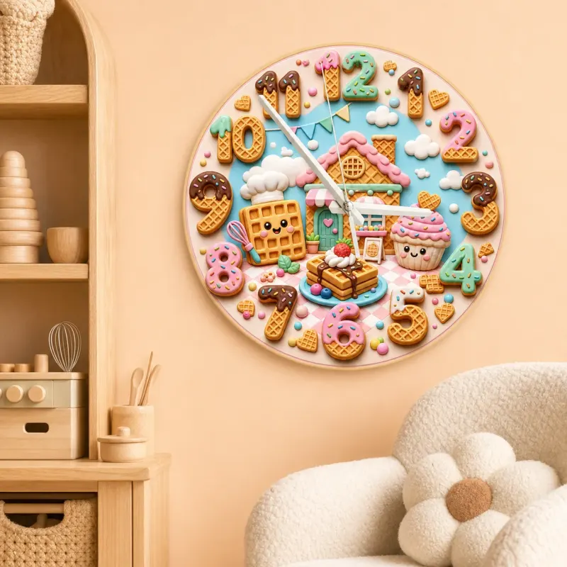 Waffle House Bakery Kids Room Wall Clock | Sweet Dessert Nursery Decor, Cute Birthday Gift For Girls (13.6 inch / 34.5 cm)